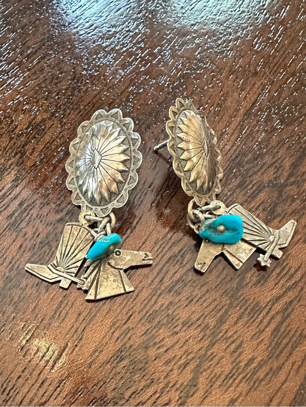 VTG Southwestern Hand-Stamped Sterling Silver Concho Dangle Earrings